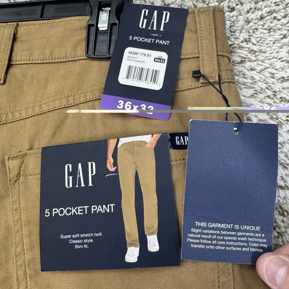 NEW Gap 5 Pocket Pants Men's Size 36x32 Maple Sugar Brown Slim Fit Classic Style